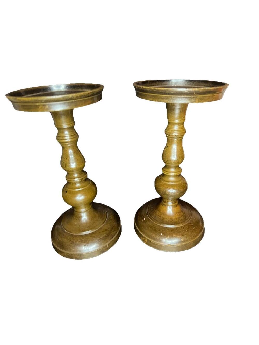 Pair of Vintage Heavy Metal Candlestick Holders – Turned Spindle Design